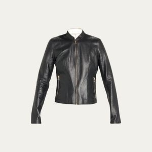 Lamarque Black Slim-Fit Leather Zip Jacket